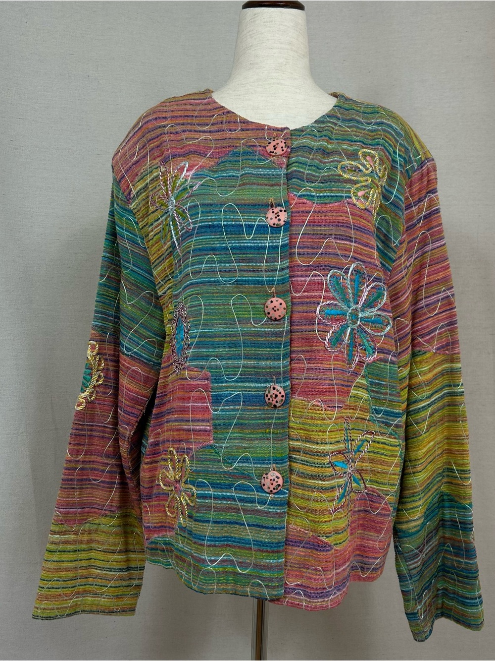 Daniel K. Vintage Multicolor Striped Floral Embroidered Button Cardigan